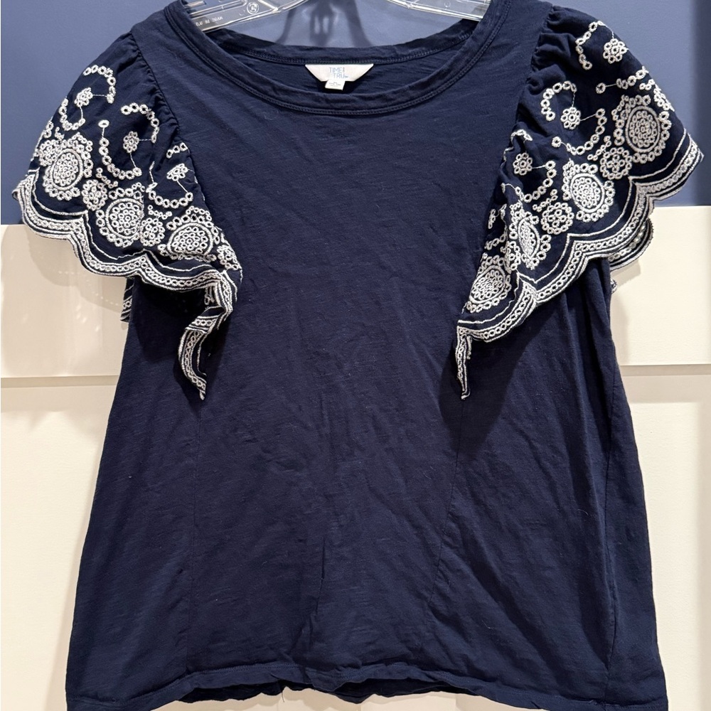 Time and Tru Navy Tee with White Embroidered Sleeves Like New Size XL